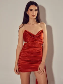 Cauti o Rochie Scurta Eleganta Deosebita? Comanda Online pe MANGATA.ro | Rochie de Seara Scurta Voal Eleganta Coniac de Vara, Livrare Rapida