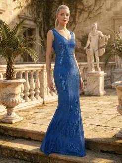 Vrei sa ai o aparitie de neuitat? Comanda o Rochie Lunga Eleganta Speciala! Rochie Eleganta de Ocazie Lunga Albastra Paiete Nunta Nasa