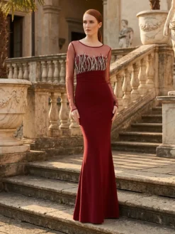 Rochie de Ocazie Lunga Bordo Bust Cristale