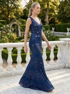 Livrare Rapida. Cauti o Rochie Lunga de Ocazie? Descopera Colectia Noua Rochie de Seara Elegantă Bleumarin Nasa Paiete Deosebita MANGATA