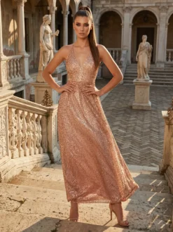 Cauti o Rochie de Ocazie Deosebita? Descopera Colectia Mangata Extravagant ROCHIE Eleganta Lunga Paiete Aurie ROCHII Ocazie Lux MANGATA