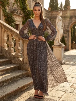 Cauti o Rochie Lunga Couture de Gala? Descopera Colectia Mangata.ro Rochie de Seară Lunga Albastra Voal Imprimeu Floral MANGATA