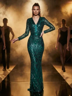 Cauti o Rochie Lunga Couture de Gala cu Paiete? Descopera Colectia Mangata.ro Rochie Couture Verde Lungă de Lux Paiete Deosebite MANGATA