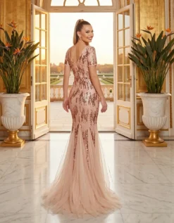 Vrei o Aparitie de neuitat? Comanda o Rochie de Ocazie cu Adevarat Speciala Rochie Eleganta Paiete Aurie Champagne de Nasa Decolteu MANGATA