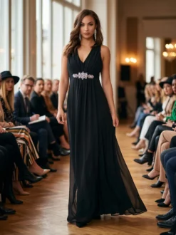 Alege rochia lungă din voal Mara pentru o apariție spectaculoasă. Design elegant și fluid, perfect pentru nașe și evenimente de seară. Comandă acum!