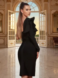 Livrare Gratuita! Cauti o Rochie Neagra Deosebita? Descopera Colectia Mangata Rochie de Seară Midi Neagra Bandage Glamour Asimetrica MANGATA