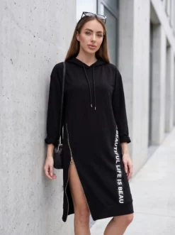 Cauti o Rochie de Zi deosebita Moderna? Comanda Online Rochie Midi Neagra de Zi cu Gluga Fermoar Maneca MANGATA, Livrare Rapida