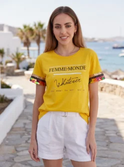 Cauti un Tricou de Primavara Vara Modern? Descopera si Comanda Online Tricou Galben de Vara Paiete Rainbow Topuri Casual MANGATA