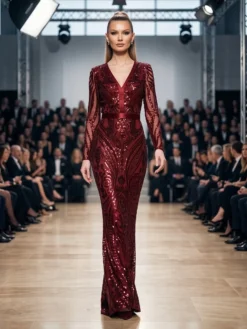 Rochie de Seară Couture Giselle Bordo – Paiete și Lux