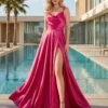 Cauti o Rochie Lunga Couture de Nunta? Descopera Colectia Noua | Rochie Lungă Satin Despicată Fucsia de Seară MANGATA Online, Livrare Rapidă
