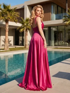 Cauti o Rochie Lunga Couture de Nunta? Descopera Colectia Noua | Rochie Lungă Satin Despicată Fucsia de Seară MANGATA Online, Livrare Rapidă